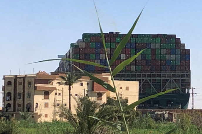 Stranded container ship Ever Given, one of the world's largest container ships, is seen after it ran aground, in Suez Canal