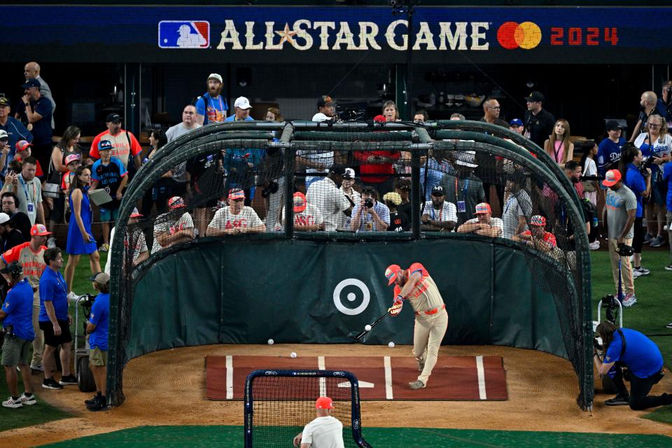 American League designated hitter David Fry of the Cleveland Guardians takes batting practice before the MLB All-Star game, July 16, 2024, in Arlington, Texas.