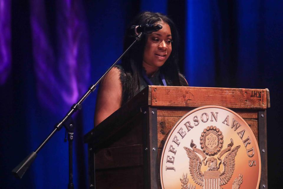Giovanna Andrews addresses the audience during the seventh annual Jefferson Awards Awards on April 29, 2019 at The Queen in Wilmington after accepting her award.