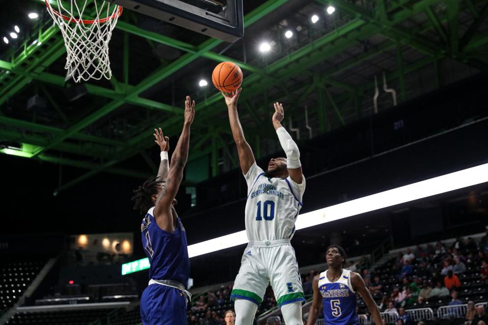 Islanders' Isaac Mushila makes a basket during the game at the American Bank Center on Saturday, Jan. 28, 2023, in Corpus Christi, Texas.