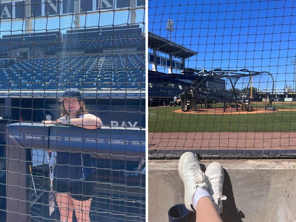 Side by side images of a woman behind the fence in a dugout and feet up in front of baseball home plate.