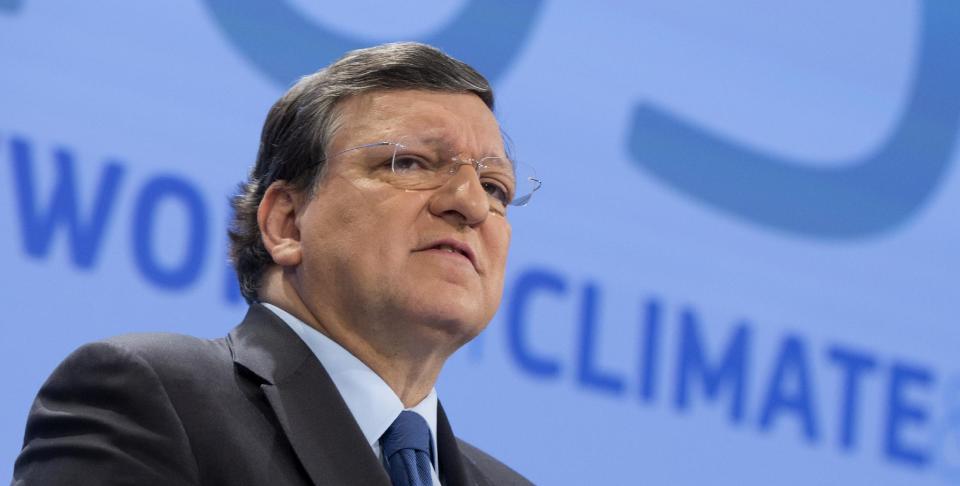European Commission President Jose Manuel Barroso speaks during a media conference at EU headquarters in Brussels on Wednesday, Jan. 22, 2014. The European Commission on Wednesday proposed a framework for climate and energy policies beyond 2020 and up to 2030. (AP Photo/Virginia Mayo)