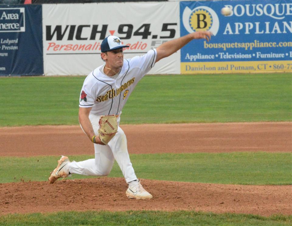 Norwich Sea Unicorns' Kolby Pascarelli (Elon) delivers a pitch against the Nashua Silver Knights on Wednesday at Dodd Stadium.