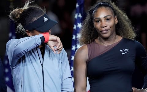 Naomi Osaka of Japan (left) cries as Serena Williams of the USA comforts her after the crowd booed during the trophy ceremony following the women’s final on day thirteen of the 2018 U.S. Open tennis tournament - Credit: USA Today