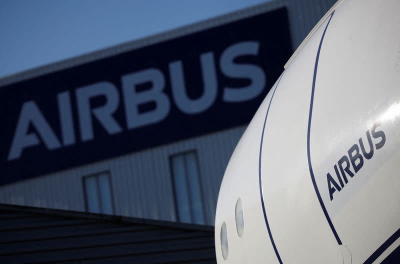 FILE PHOTO: Airbus logo at the Airbus facility in Saint-Nazaire