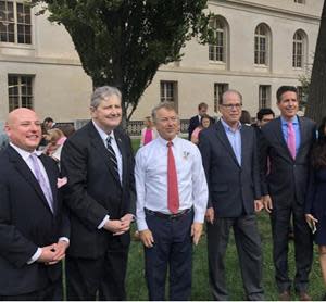 Left to right: Marty Irby, Sen. John Kennedy, R-La., Sen. Rand Paul, R-Ky., Sen. Mike Braun, R-Ind., and Wayne Pacelle  at an October 2021 press conference on the FDA Modernization Act