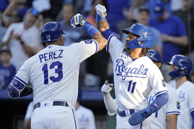 Maikel Garcia of the Kansas City Royals celebrates with Salvador