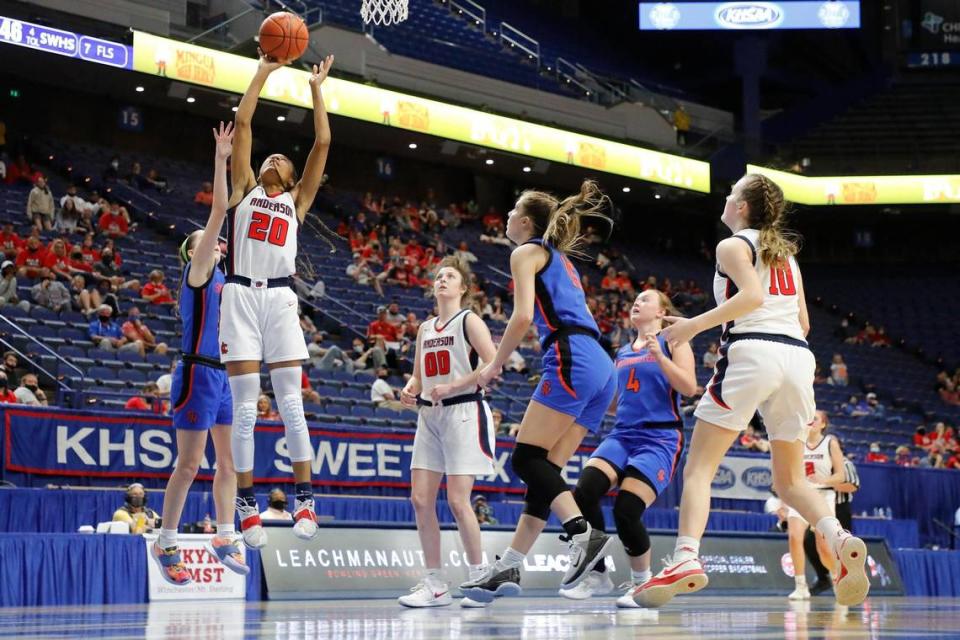 Anderson County’s Amiya Jenkins (20) shoots over Southwestern’s Ayden Smiddy (10) during the Sweet 16 in Rupp Arena last April. Jenkins committed to Kentucky on Monday night.