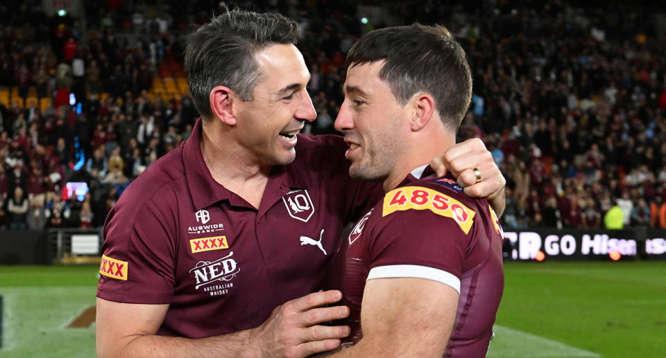 This image shows Maroons coach Billy Slater and Ben Hunt after an Origin game.