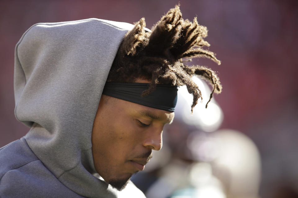 Carolina Panthers quarterback Cam Newton stands on the sidelines during the first half of an NFL football game against the San Francisco 49ers in Santa Clara, Calif., Sunday, Oct. 27, 2019. (AP Photo/Ben Margot)