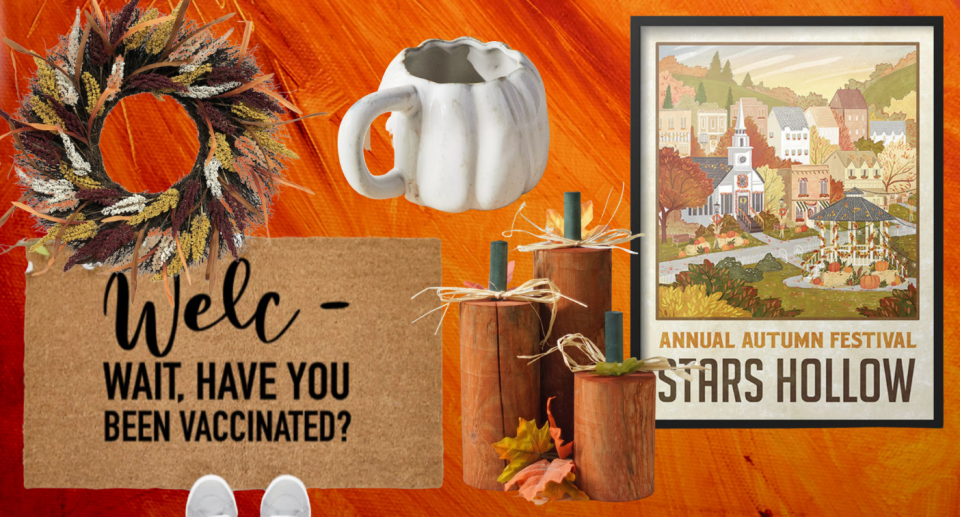 collage of vaccinated door mat, door hanging, white pumpkin mug, wooden pumpkins, and gilmore girls stars hollow poster