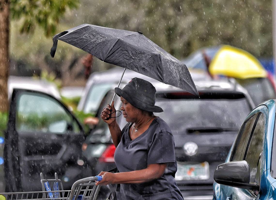 Despite the rainy weather condition, a shopper makes use of an umbrella as she heads to her car after shopping at Walmart in Pembroke Pines, Florida on Wednesday, December 13, 2023. Carl Juste/cjuste@miamiherald.com