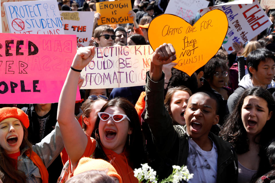 <p>Youths take part in a National School Walkout anti-gun march in Washington Square Park in Manhattan, New York City, April 20, 2018. (Photo: Brendan McDermid/Reuters) </p>