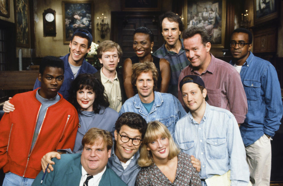 Al Franken is seen among SNL's Season 18 cast members in&nbsp;1992. The women include Melanie Hutshell, seen in the bottom row to his left, Julia Sweeney, and Ellen Cleghorne. (Photo: NBC via Getty Images)