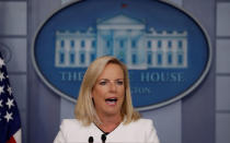 FILE PHOTO: Department of Homeland Security Secretary Kirstjen Nielsen speaks about election security in the White House press briefing room at the White House in Washington, U.S., August 2, 2018. REUTERS/Carlos Barria/File Photo