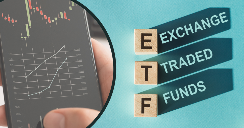 A man holds a phone that shows performance of stocks on a graph. Three building blocks that say ETF.