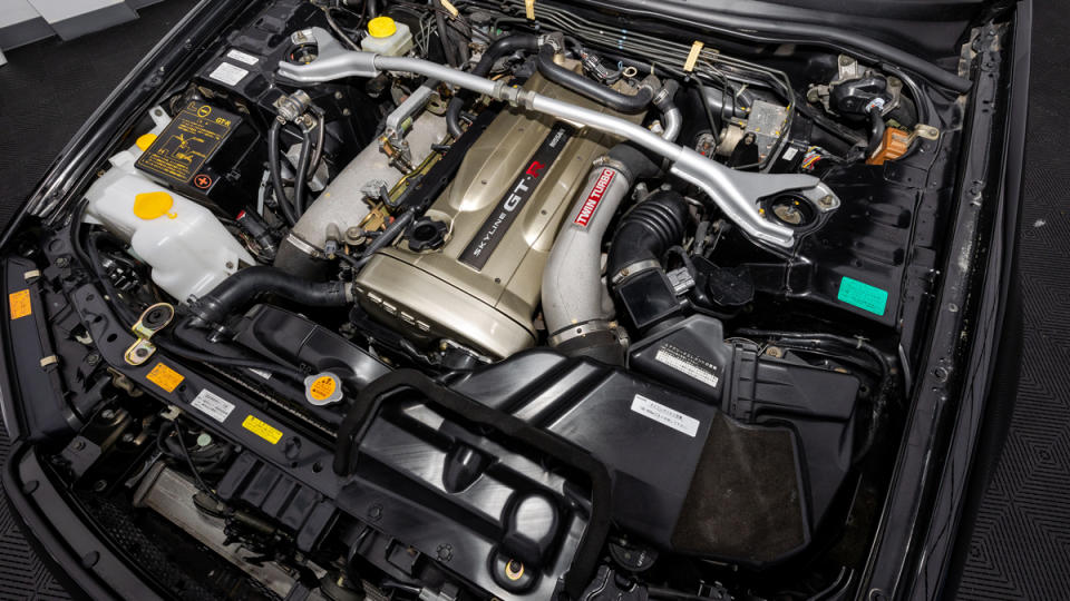 The special-edition inline six-cylinder engine inside a 2002 Nissan Skyline GT-R M-Spec Nür.