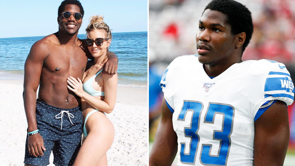 Kerryon Johnson, pictured here with his girlfriend at the beach and in the NFL.