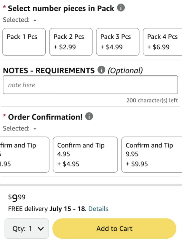 Product page listing options for packs with 1, 2, 3, or 4 pieces. It includes sections for notes and order confirmation tips for additional prices, and an "Add to Cart" button