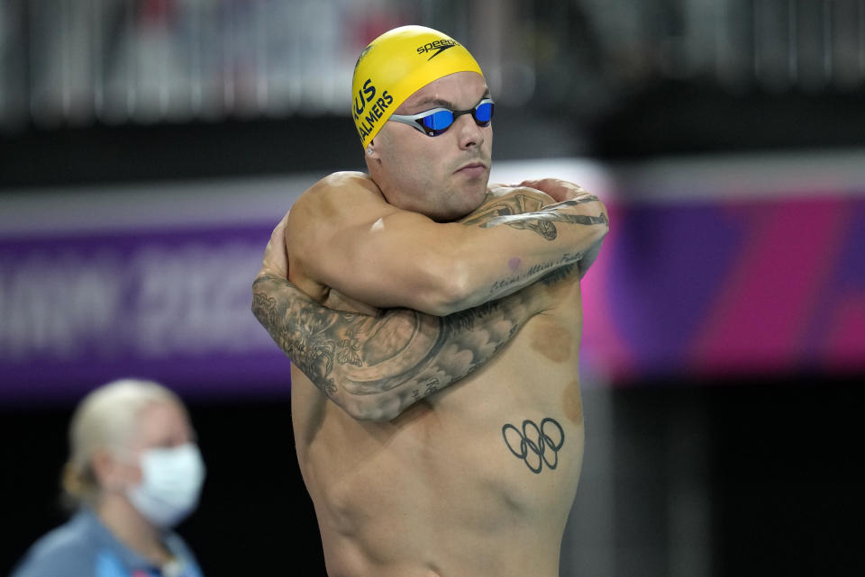 Kyle Chalmers of Australia gets ready to compete in the Men's 100 meters freestyle final during the swimming competition of the Commonwealth Games, at the Sandwell Aquatics Centre in Birmingham, England, Monday, Aug. 1, 2022. (AP Photo/Kirsty Wigglesworth)