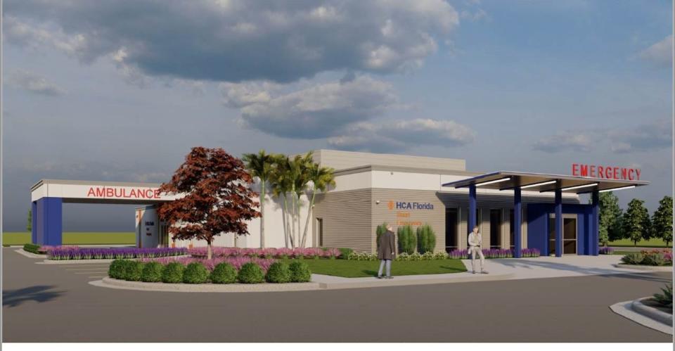 A rendering of HCA Florida St. Lucie Hospital's proposed standalone emergency room along South Kanner Highway in Stuart. The ER may be open in late 2026, according to an attorney representing HCA Healthcare.