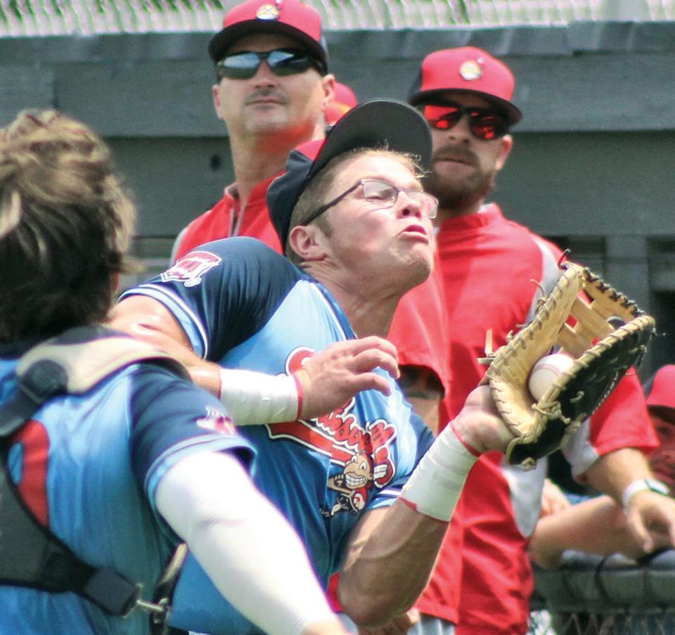 Bartlesville Doenges Ford Indians' first baseman Braeden Winters makes a running catch in foul territory during Bartlesville Doenges Ford Indians play in 2021 on Rigdon Field at Bill Doenges Memorial Stadium.