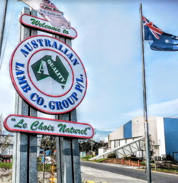 Pictured is a sign outside the Australian Lamb Company abattoir in Colac.