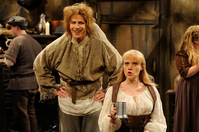 <p>Dana Edelson/NBCU Photo Bank/NBCUniversal via Getty</p> Andy Samberg and Kate McKinnon during the "Confident Hunchback" skit on May 17, 2014