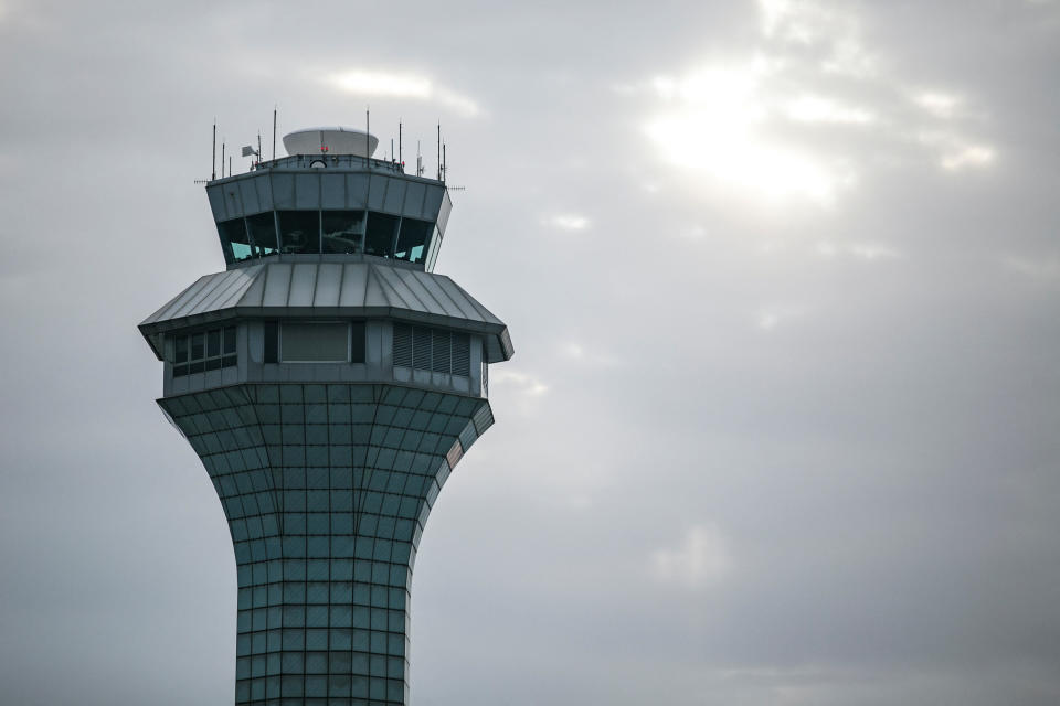 The air traffic control tower at O’Hare International Airport in Chicago.