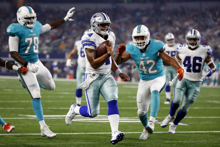 Dak Prescott had a 20-yard touchdown run against the Miami Dolphins (AP)