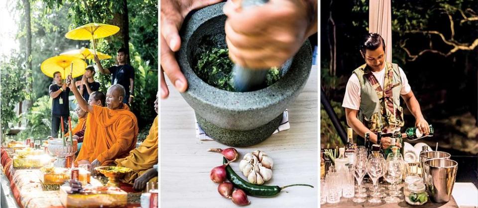 From left: A Buddhist blessing ceremony at Six Senses Krabey Island resort; making chili sauce at Six Senses' Tree restaurant; a staffer prepares for a dinner party at Shinta Mani Wild, a new lodge in the Cardamom Mountains. | Christopher Wise