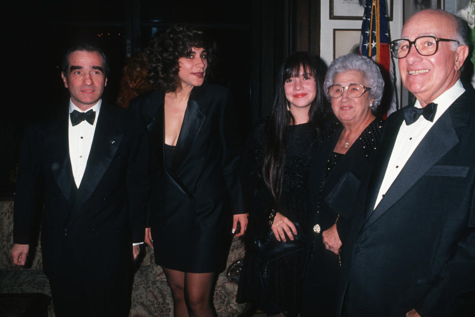<p>Scorsese with two of his daughters, Catherine (whom he shares with first wife Laraine Marie Brennan) and Domenica, and his parents at the 1991 Gold Metal Awards, where he was honored. </p>