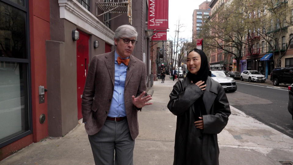 Correspondent Mo Rocca with actress Greta Lee, star of the film 