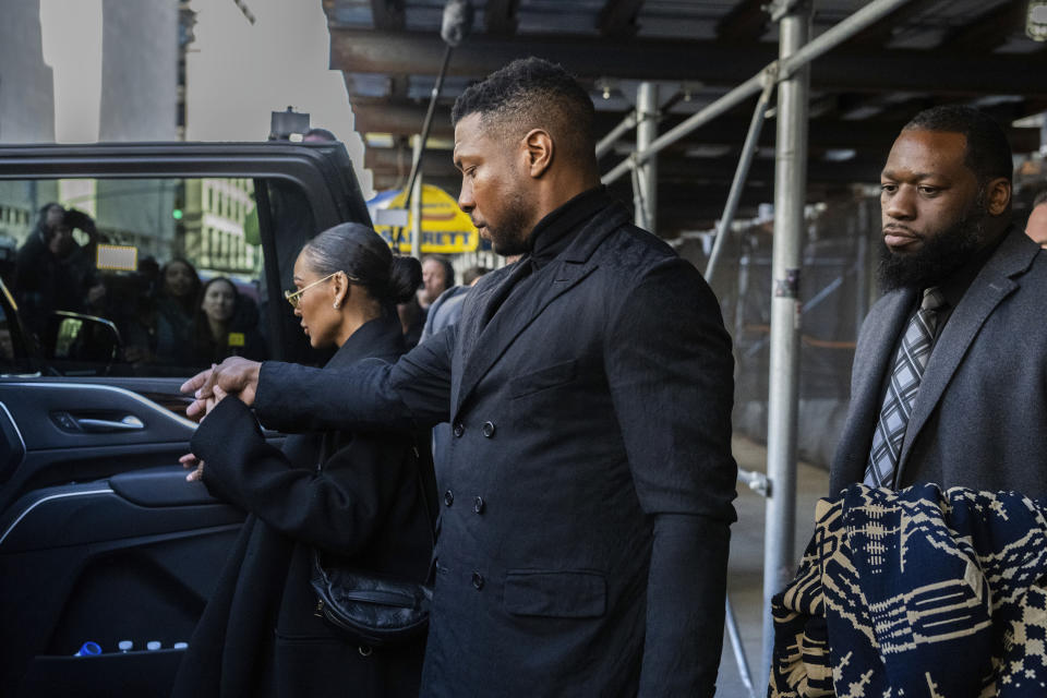 Actor Jonathan Majors leaves Criminal Court with his girlfriend Megan Good after his sentencing on Monday April 8, 2024 in New York. (AP Photo/Brittainy Newman)