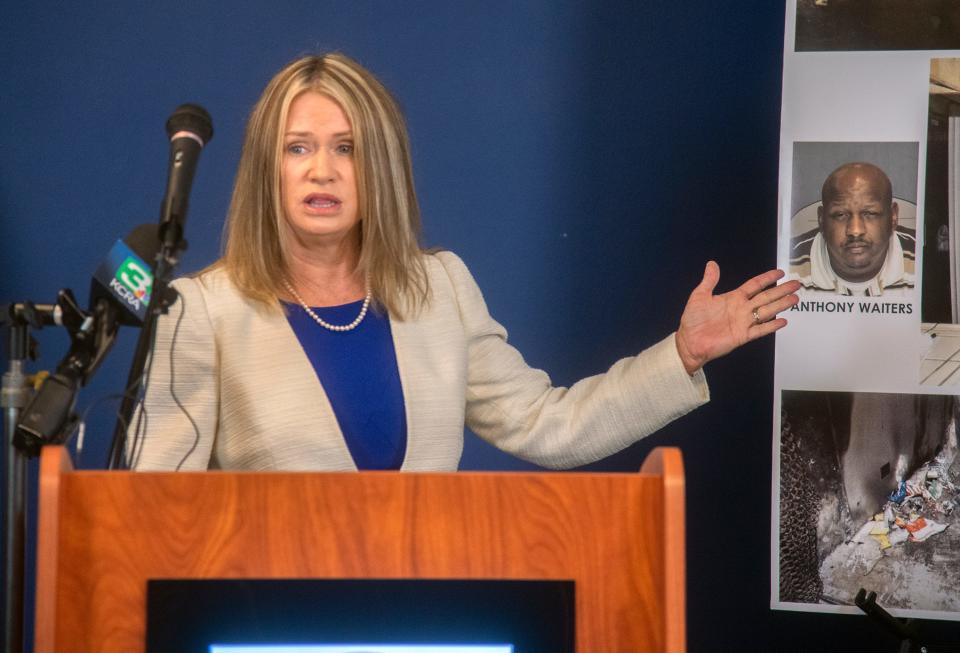 San Joaquin County Deputy District Attorney Angela Hayes speaks during a news conference at the DA's Office in downtown Stockton on Tuesday.