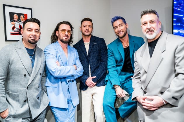 (L-R) Chris Kirkpatrick, JC Chasez, Justin Timberlake, Lance Bass and Joey Fatone of NSYNC seen backstage during the 2023 Video Music Awards at Prudential Center on September 12, 2023 in Newark, New Jersey.  - Credit: John Shearer/Getty Images/MTV