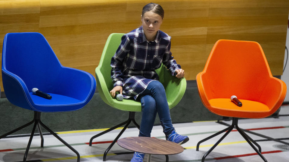 Swedish environmental activist Greta Thunberg, arrives to attend the Youth Climate Summit at United Nations headquarters, Saturday, Sept. 21, 2019. (AP Photo/Eduardo Munoz Alvarez)