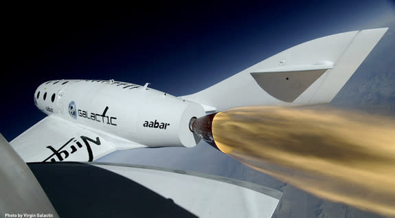 Virgin Galactic's SpaceShipTwo during an April 2013 powered test flight. The ship broke apart during a test flight in October 2014.