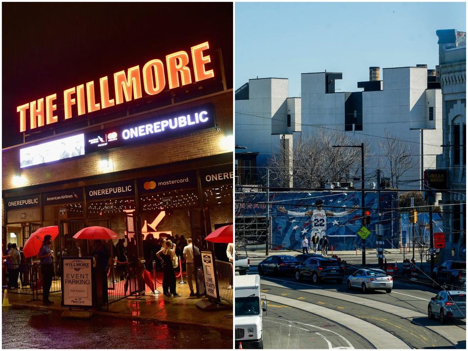 Street view of The Fillmore in Philadelphia and view of Fishtown neighborhood