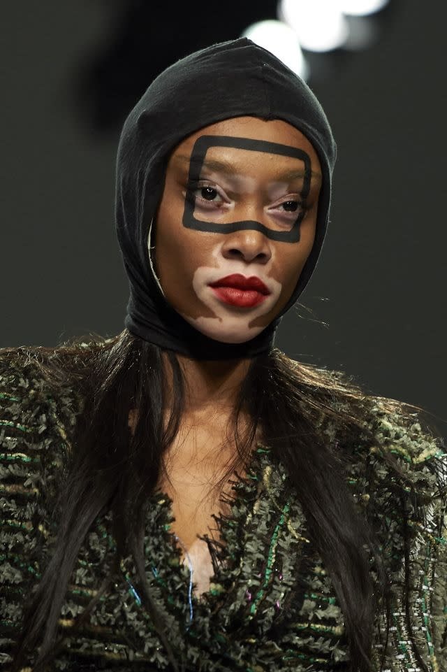 Canadian model Winnie Harlow sports an abstract beauty look at Matty Bovan