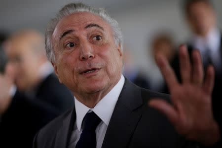 Brazil's President Michel Temer is seen after a lunch with Swedish King Carl XVI Gustaf and Queen Silvia at the Itamaraty Palace in Brasilia, Brazil April 6, 2017. REUTERS/Ueslei Marcelino