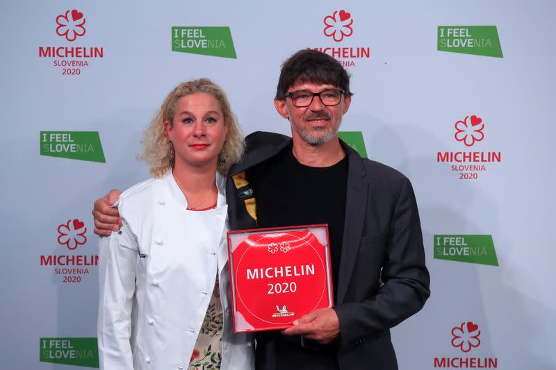 Ana Ros and her husband Valter Kramar celebrate after receiving 2 Michelin stars for their restaurant