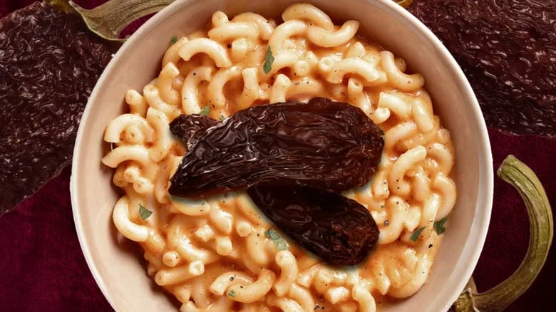 Chipotle pepper mac and cheese in a white bowl