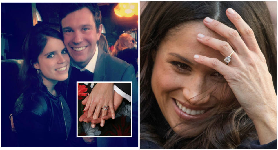 <p>It’d be hard to outshine the royal power couple Prince Harry and Meghan Markle, but that doesn’t mean <a rel="nofollow" href="https://ca.style.yahoo.com/7-things-didnt-know-princess-eugenie-212828016.html" data-ylk="slk:newly engaged Princess Eugenie and James Brooksbank;elm:context_link;itc:0;sec:content-canvas;outcm:mb_qualified_link;_E:mb_qualified_link;ct:story;" class="link  yahoo-link">newly engaged Princess Eugenie and James Brooksbank</a> will be overshadowed — especially<br> when it comes to the engagement ring. <em>(Photos: Getty)</em> </p>