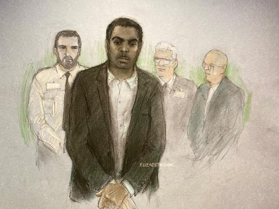 Court artist sketch dated 23/01/24 by Elizabeth Cook of Valdo Calocane, 32, appearing at Nottingham Crown Court. Issue date: Thursday January 25, 2024. PA Photo. See PA story COURTS Nottingham. Photo credit should read: Elizabeth Cook/PA Wire