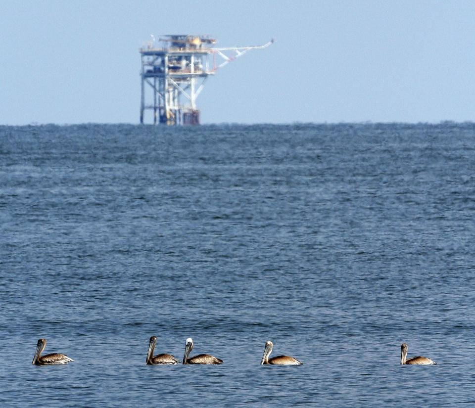 FILE - In this Aug. 5, 2010, file photo, an oil platform is seen past brown pelicans as they float on the Gulf of Mexico in Grand Isle, La. The Biden administration says it has followed a court order to schedule an offshore oil and gas lease sale for the Gulf of Mexico after the Democratic president's moratorium on new oil and gas leasing on federal lands was blocked by a judge. The sale will be livestreamed from New Orleans on Nov. 17, the Bureau of Ocean Energy Management announced in a news release Thursday, Sept. 30, 2021. (AP Photo/Patrick Semansky, File)