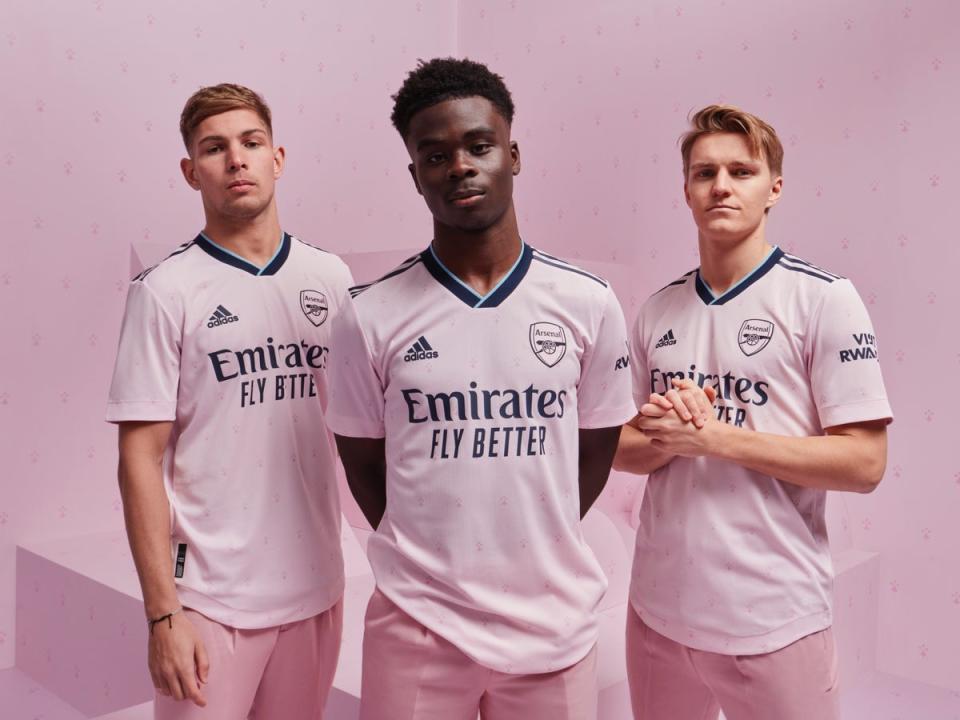 Emile Smith Rowe, Bukayo Saka and Martin Odegaard model Arsenal’s new third kit (Arsenal)