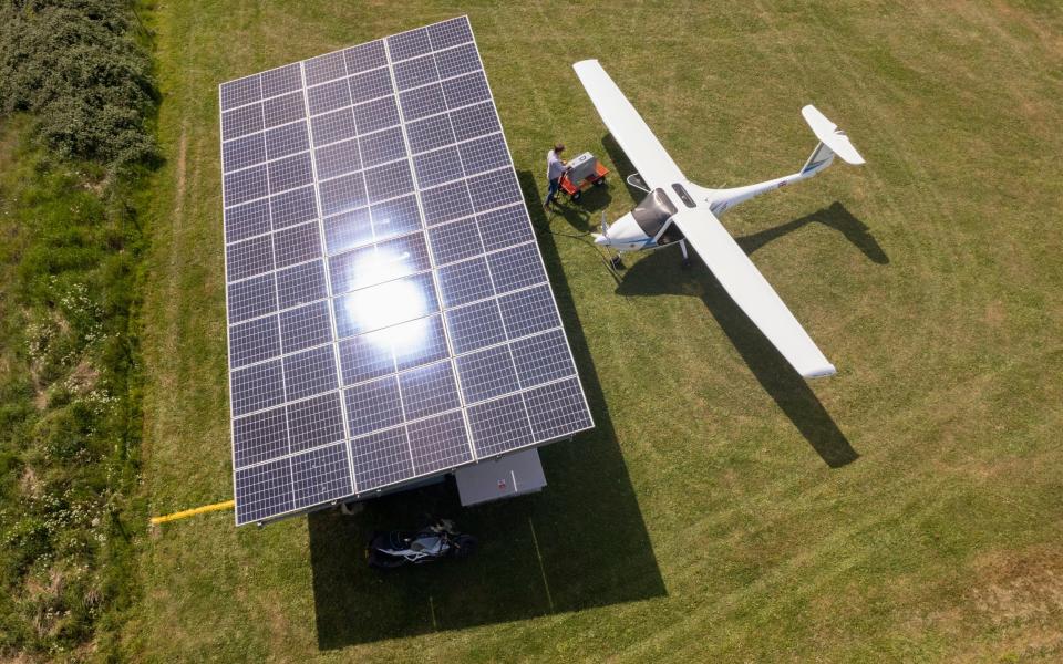 The electric plane is charged by off-the-grid solar panels - Rod Kirkpatrick/F Stop Press