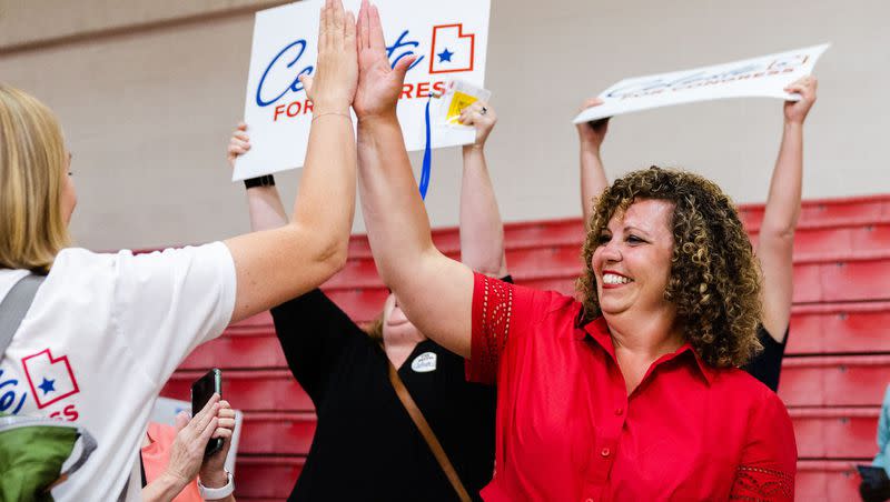 Second District congressional candidate Celeste Maloy high-fives a supporter after her nomination during the Utah Republican Party’s special election in Delta on June 24. A judge denied a request Monday to have her name removed from the ballot.