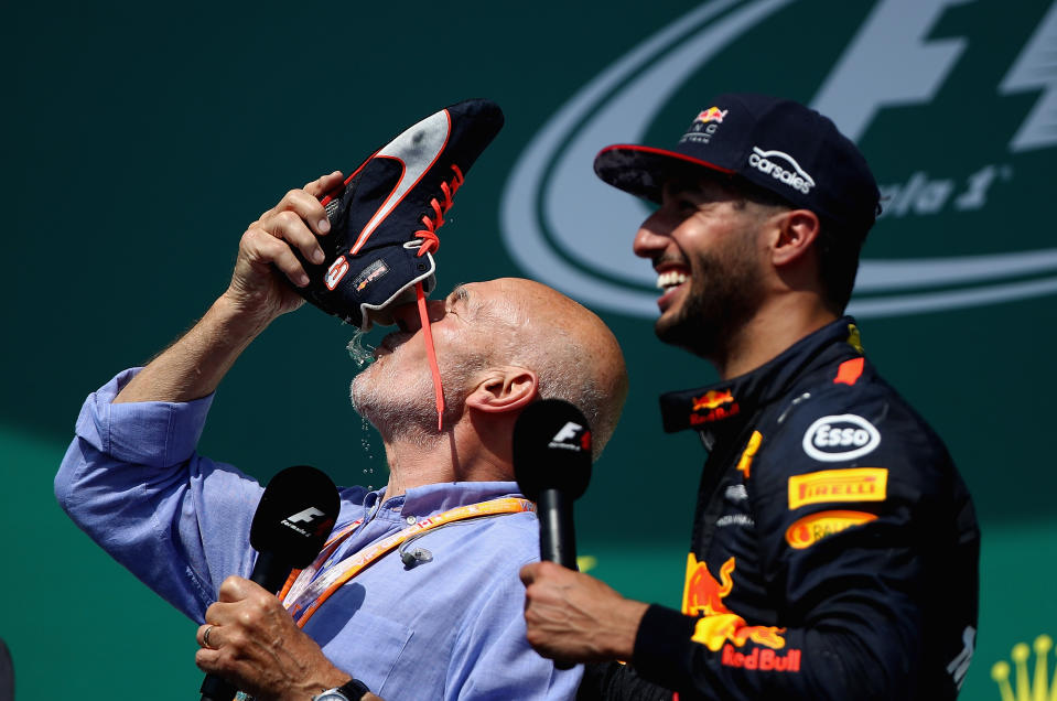 MONTREAL, QC - JUNE 11:  Actor Sir Patrick Stewart celebrates on the podium with Daniel Ricciardo of Australia and Red Bull Racing and a shoey during the Canadian Formula One Grand Prix at Circuit Gilles Villeneuve on June 11, 2017 in Montreal, Canada.  (Photo by Clive Mason/Getty Images)